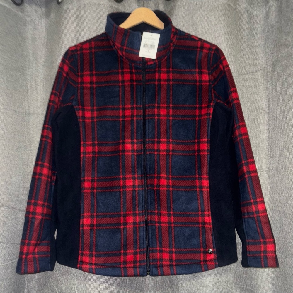 Women’s Navy and Red Plaid Fleece Sweater by Northern Reflections